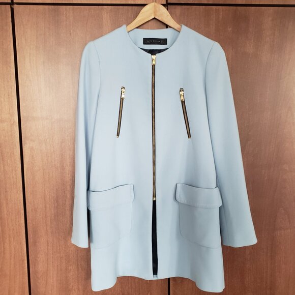 Zara Woman baby blue collarless overcoat - Picture 2 of 7